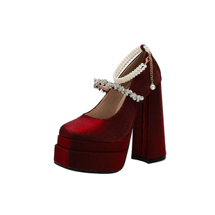 增高15CM防水台红色恨天高跟鞋女粗跟玛丽珍珠缎面婚鞋新娘鞋厚底