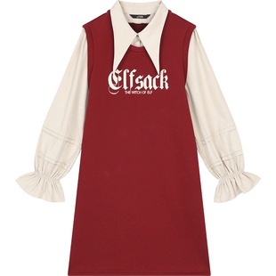 妖精的口袋烫金字母假两件拼接红色连衣裙女2025冬季新款新年穿搭