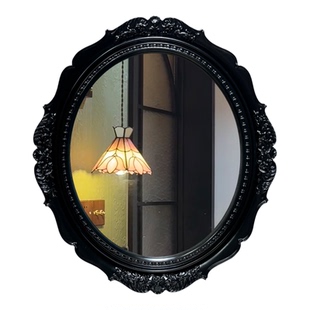 法式中古风复古卫生间浴室镜子椭圆装饰镜梳妆镜黑色vintage雕花