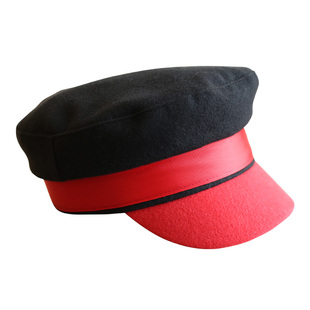 光身毛呢织带红黑色搭配帽遮阳防晒小香风网红同款平顶帽