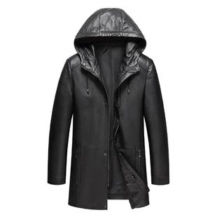 海宁大码真皮皮衣男士头层牛皮外套中长款连帽羽绒服秋冬加厚保暖
