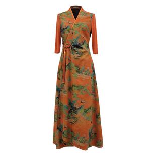 浒城古娘新款桑蚕丝印花气质V领长款新中式国风香云纱连衣裙女夏