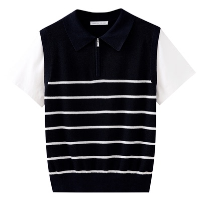 水云间藏蓝色POLO领毛针织衫短袖上衣女苎麻T恤拼接设计2026新款