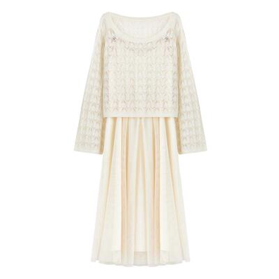 秋水伊人优雅镂空吊带连衣裙套装