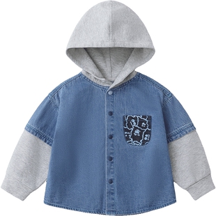 [防褪色]齐齐熊宝宝牛仔外套男童春秋款儿童连帽上衣2026新款柔软