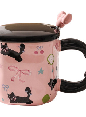 可爱猫咪马克杯带盖勺陶瓷杯高颜值家用办公室情侣早餐喝水奶牛杯