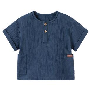 babylove宝宝短袖T恤夏季纯棉薄款起皱纱上衣男女童外出纯色百搭