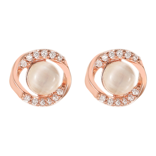 S999纯银玫瑰金耳钉女纯银小众耳夹高级感耳饰2025新款猫眼石耳环