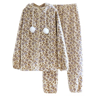 复古甜美碎花雪粒绒睡衣女冬款毛球连帽保暖法兰绒长袖家居服套装