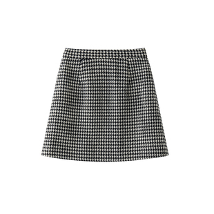 Into Fiction 50%羊毛法式高腰小个子黑白千鸟格粗花呢短裙半身裙