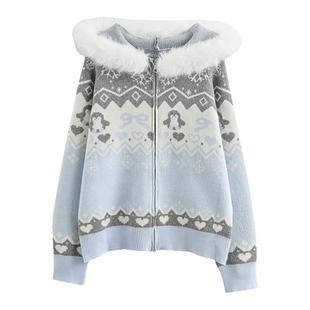 森女部落仿貂毛费尔岛雪花针织外套冬宽松甜美新款百搭宽松毛衣女