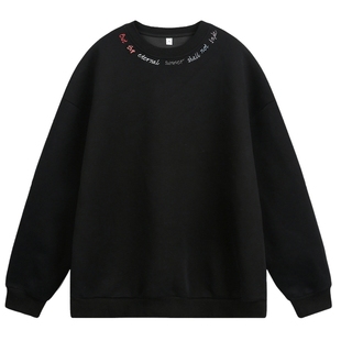 情侣装圆领黑色卫衣男2025新款秋季美式重磅领口刺绣彩虹衣服男款