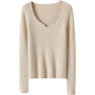 上身太好看了！手工缝钻V领山羊绒衫女纯羊绒毛衣针织打底衫秋冬