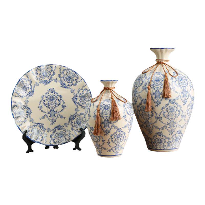 中古风青花瓷复古陶瓷花瓶三件套