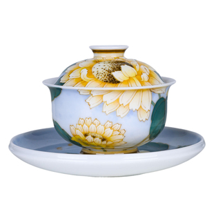 官润窑陶瓷釉下彩手绘品茗主人杯功夫茶具向日葵盖碗宋代东方美学
