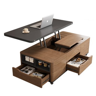 升降茶几实木餐桌多功能客厅二合一饭桌一体两用岩板可移动折叠桌