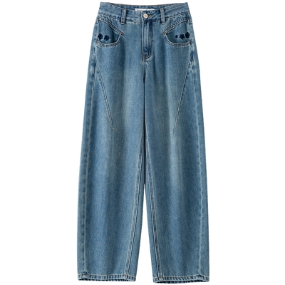 BANANA BABY2025年冬季新款美式复古刺绣牛仔裤女磨毛镰刀裤直筒