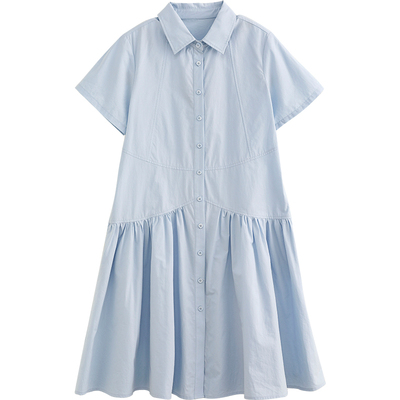 诺诺公主S1N初中生蓝色翻领短袖连衣裙女夏季学院风100%纯棉A字裙