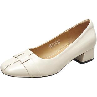 意尔康女鞋春秋季真皮粗跟方头羊皮单鞋法式通勤工作皮鞋配裙子