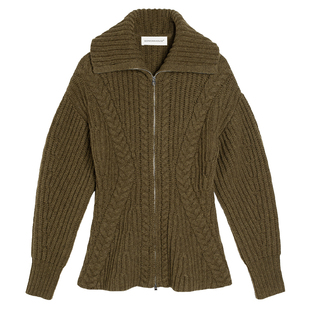 322WORKHOUSE纯羊毛绞花毛衣开衫女2025新款冬季针织翻领外套R818