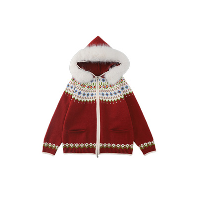 女童毛衣开衫外套加厚红色针织衫