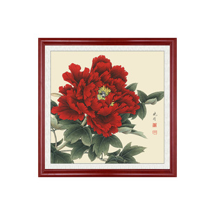 红色牡丹花玄关装饰画客厅背景墙正方形2025新款餐厅花开富贵挂画