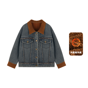 Amybaby女童上衣冬季2025新款美式复古拼色潮流翻领加绒牛仔外套