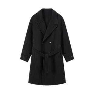 流石男装黑色条纹羊毛呢长款大衣2025年冬季新款男士保暖时尚外套