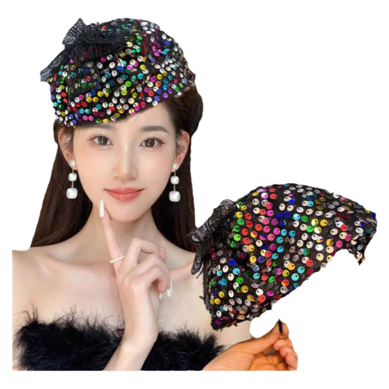 鱼鳞亮片复古蝴蝶结半帽发箍