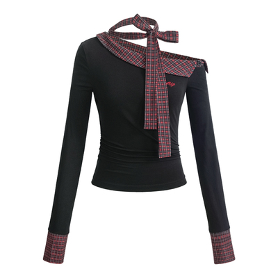 UNIFREEPLUS大码黑色斜肩长袖T恤