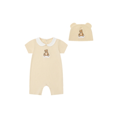 Moschino/莫斯奇诺 26早春 婴童泰迪熊印花连体衣爬行服帽子套装