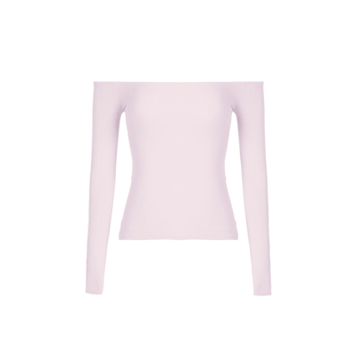 裸感粉色一字肩修身长袖上衣女