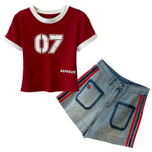 休闲运动套装女夏季修身短款T恤牛仔短裤两件套小个子一整套穿搭