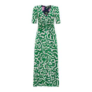 [双面穿]DVF度假V领茶歇裙植物几何印花弹力网纱连衣裙DS1T026