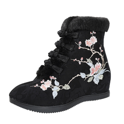 中国风毛口秋冬新款汉服古装绣花短靴女靴古风舞蹈内增高加绒棉靴