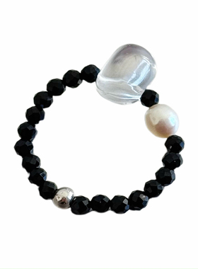 天然白水晶淡水珍珠弹力戒指叠戴