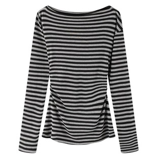 十一石 垮垮松弛调调 一字肩长袖条纹t恤女早秋新款显瘦斜肩上衣