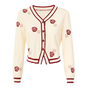 一电影一时装2026早春新款毛织开衫上衣女新年穿搭长袖V领玫瑰花