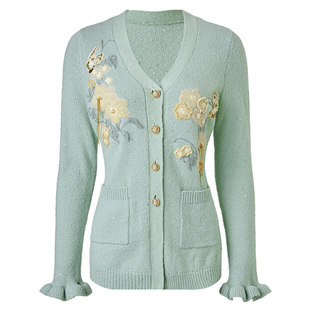 【商场同款-25春新品】MAXRIENY绿意针织薄荷绿绣花v领修身外套女