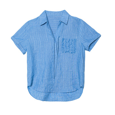 多着亚麻半开门襟木耳边短袖衬衫