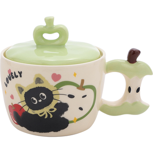 好看的马克杯苹果猫咪创意喝水杯陶瓷杯子带盖咖啡杯生日礼物女生