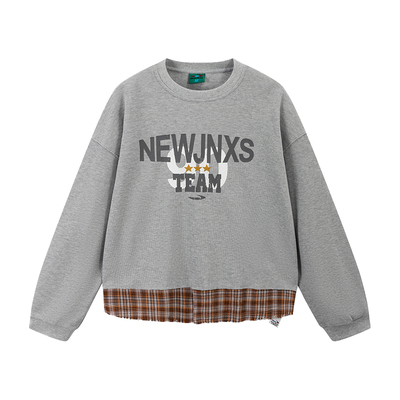 江南先生NewJNXS美式复古华夫格假两件拼接格纹卫衣情侣宽松外套