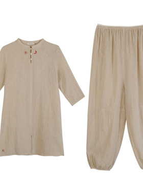 亚麻宽松站桩服女睡衣家居服套装