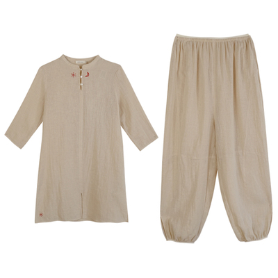 亚麻宽松站桩服女睡衣家居服套装