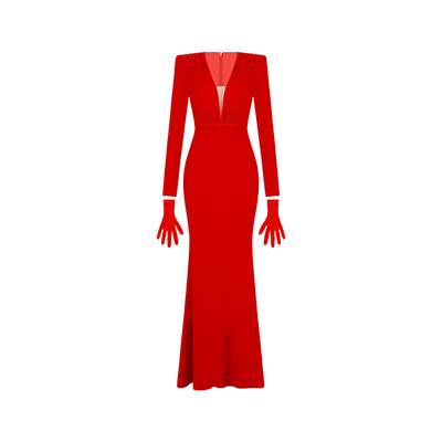 XULU原创进口丝绒红色高阶优雅深V领礼服裙赫本风高腰长袖连衣裙
