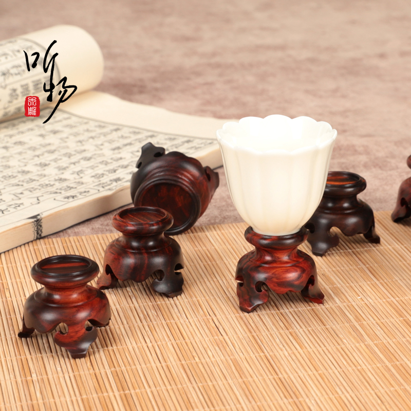 实木大红酸枝微型盆栽展示木托整木铭杯花器铜葫芦核桃摆件圆底座