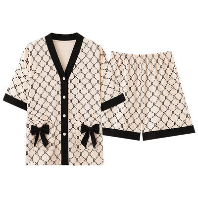 100全棉V领开衫千鸟格小香风睡衣