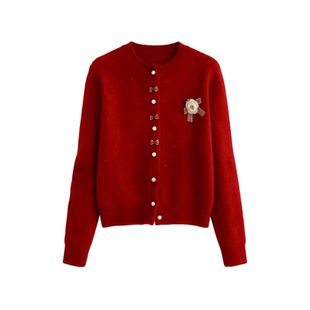 新年红色亮闪毛衣开衫女冬季新款韩系宽松时尚洋气针织打底衫上衣