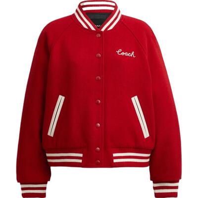 COACH/蔻驰奥莱女士含羊毛VARSITY 夹克外套棒球服冬季红色休闲