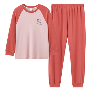 100%纯棉长袖加厚睡衣女春秋季可外穿舒适甜美宽松圆领套头家居服